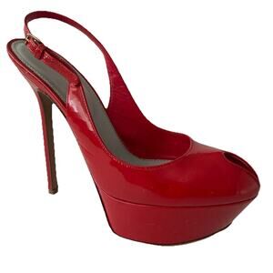 Sergio Rossi Pump Cachet Red Peep Patent Leather Platform Slingback Slim…
